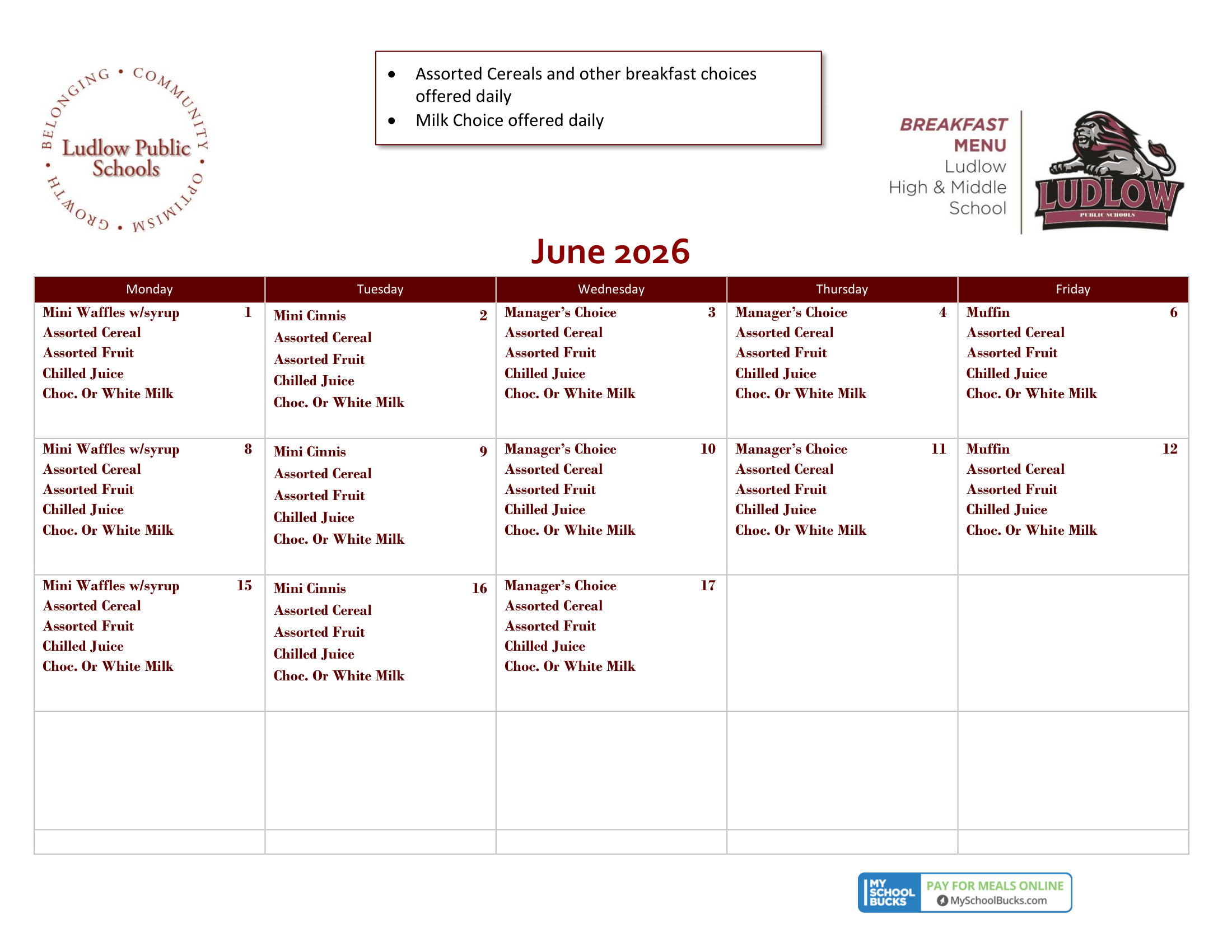 A JUNE 2026 BREAK MENU